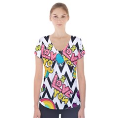 Vector Romantic Love Seamless Pattern Short Sleeve Front Detail Top by Vaneshart