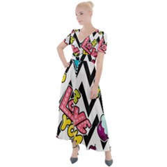 Vector Romantic Love Seamless Pattern Button Up Short Sleeve Maxi Dress