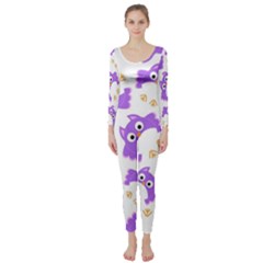 Purple Owl Pattern Background Long Sleeve Catsuit by Vaneshart