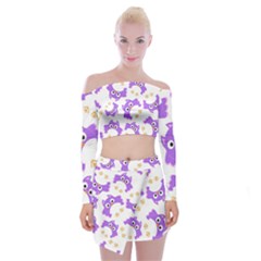 Purple Owl Pattern Background Off Shoulder Top With Mini Skirt Set by Vaneshart