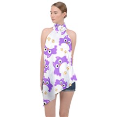 Purple Owl Pattern Background Halter Asymmetric Satin Top by Vaneshart