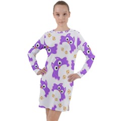 Purple Owl Pattern Background Long Sleeve Hoodie Dress