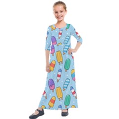 Cute Kawaii Ice Cream Seamless Pattern Kids  Quarter Sleeve Maxi Dress by Vaneshart