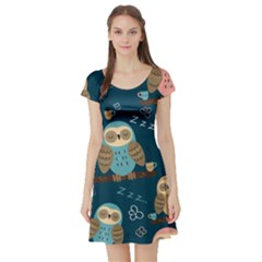 Seamless Pattern Owls Dreaming Short Sleeve Skater Dress by Vaneshart