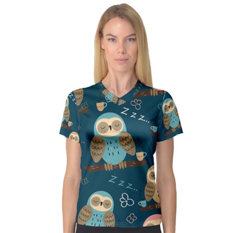 Seamless Pattern Owls Dreaming V-neck Sport Mesh Tee by Vaneshart