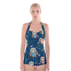 Seamless Pattern Owls Dreaming Boyleg Halter Swimsuit  by Vaneshart