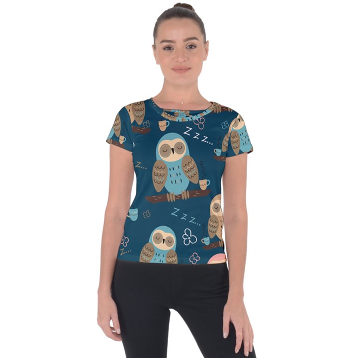 Seamless Pattern Owls Dreaming Short Sleeve Sports Top 