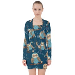 Seamless Pattern Owls Dreaming V-neck Bodycon Long Sleeve Dress by Vaneshart