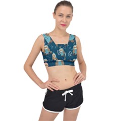 Seamless Pattern Owls Dreaming V-back Sports Bra by Vaneshart