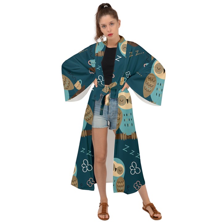 Seamless Pattern Owls Dreaming Maxi Kimono