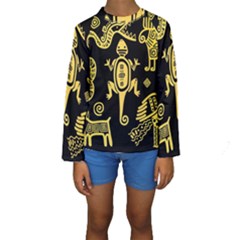 Mexican Culture Golden Tribal Icons Kids  Long Sleeve Swimwear