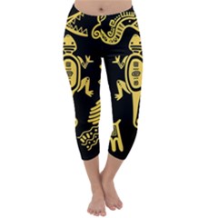 Mexican Culture Golden Tribal Icons Capri Winter Leggings 