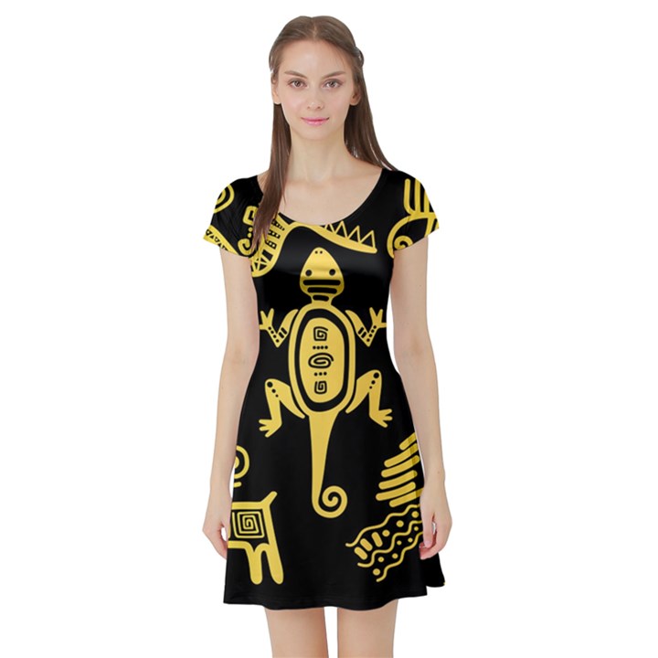 Mexican Culture Golden Tribal Icons Short Sleeve Skater Dress