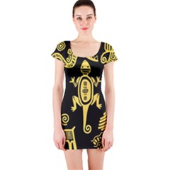 Mexican Culture Golden Tribal Icons Short Sleeve Bodycon Dress