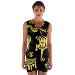 Mexican Culture Golden Tribal Icons Wrap Front Bodycon Dress