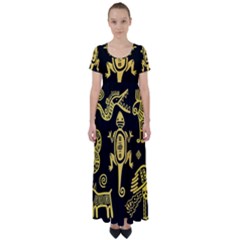 Mexican Culture Golden Tribal Icons High Waist Short Sleeve Maxi Dress