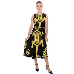 Mexican Culture Golden Tribal Icons Midi Tie-Back Chiffon Dress