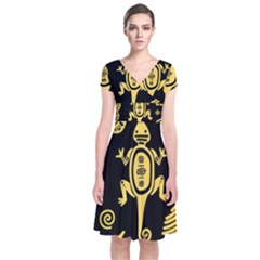 Mexican Culture Golden Tribal Icons Short Sleeve Front Wrap Dress