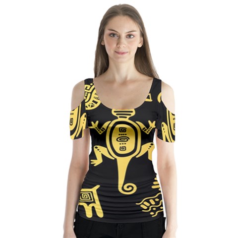 Mexican Culture Golden Tribal Icons Butterfly Sleeve Cutout Tee  by Vaneshart