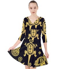 Mexican Culture Golden Tribal Icons Quarter Sleeve Front Wrap Dress