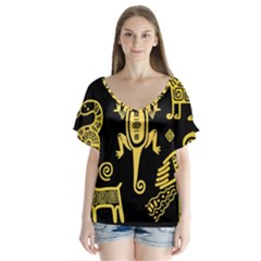 Mexican Culture Golden Tribal Icons V-Neck Flutter Sleeve Top