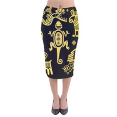 Mexican Culture Golden Tribal Icons Velvet Midi Pencil Skirt