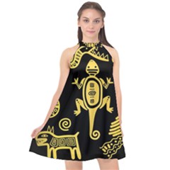 Mexican Culture Golden Tribal Icons Halter Neckline Chiffon Dress 