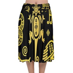 Mexican Culture Golden Tribal Icons Velvet Flared Midi Skirt by Vaneshart