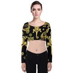 Mexican Culture Golden Tribal Icons Velvet Long Sleeve Crop Top