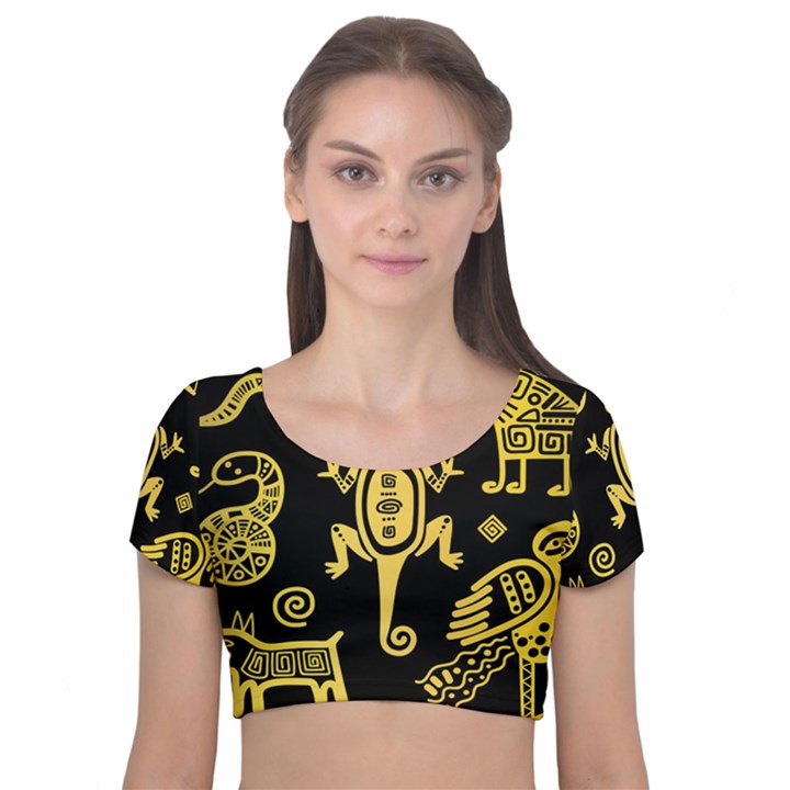 Mexican Culture Golden Tribal Icons Velvet Short Sleeve Crop Top 