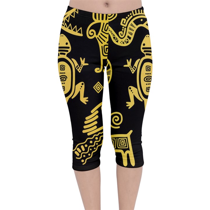 Mexican Culture Golden Tribal Icons Velvet Capri Leggings 