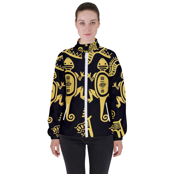 Mexican Culture Golden Tribal Icons Women s High Neck Windbreaker