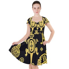 Mexican Culture Golden Tribal Icons Cap Sleeve Midi Dress