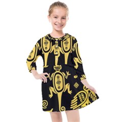 Mexican Culture Golden Tribal Icons Kids  Quarter Sleeve Shirt Dress by Vaneshart