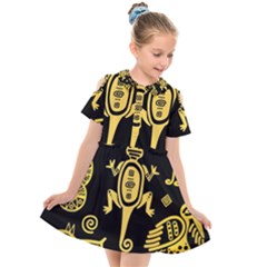 Mexican Culture Golden Tribal Icons Kids  Short Sleeve Shirt Dress