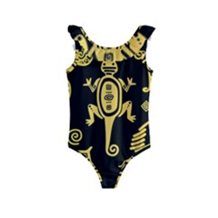 Mexican Culture Golden Tribal Icons Kids  Frill Swimsuit