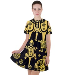 Mexican Culture Golden Tribal Icons Short Sleeve Shoulder Cut Out Dress 