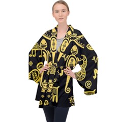 Mexican Culture Golden Tribal Icons Long Sleeve Velvet Kimono 