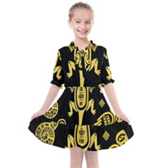 Mexican Culture Golden Tribal Icons Kids  All Frills Chiffon Dress by Vaneshart