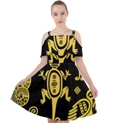 Mexican Culture Golden Tribal Icons Cut Out Shoulders Chiffon Dress