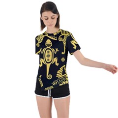 Mexican Culture Golden Tribal Icons Asymmetrical Short Sleeve Sports Tee