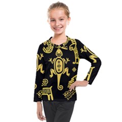 Mexican Culture Golden Tribal Icons Kids  Long Mesh Tee