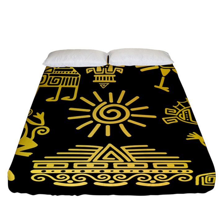 Maya Style Gold Linear Totem Icons Fitted Sheet (California King Size)