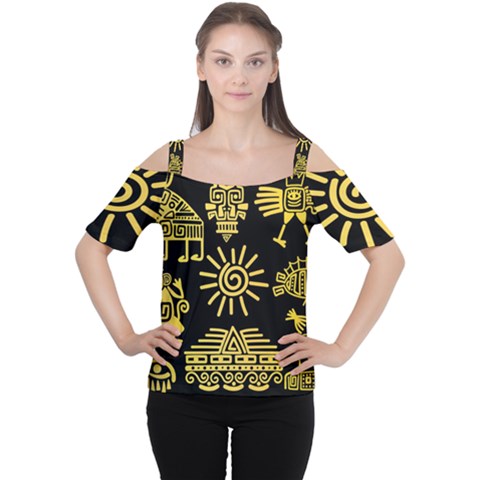 Maya Style Gold Linear Totem Icons Cutout Shoulder Tee by Vaneshart