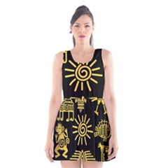 Maya Style Gold Linear Totem Icons Scoop Neck Skater Dress by Vaneshart