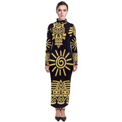 Maya Style Gold Linear Totem Icons Turtleneck Maxi Dress by Vaneshart