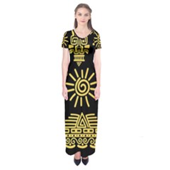 Maya Style Gold Linear Totem Icons Short Sleeve Maxi Dress by Vaneshart