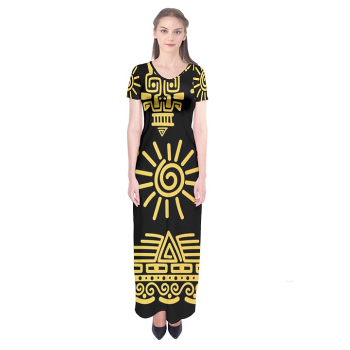 Maya Style Gold Linear Totem Icons Short Sleeve Maxi Dress