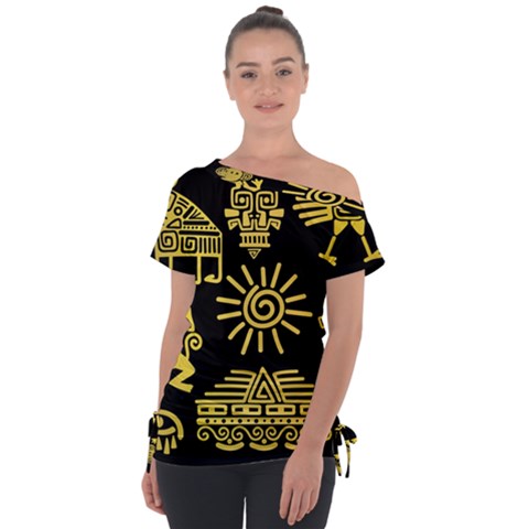 Maya Style Gold Linear Totem Icons Tie-up Tee by Vaneshart