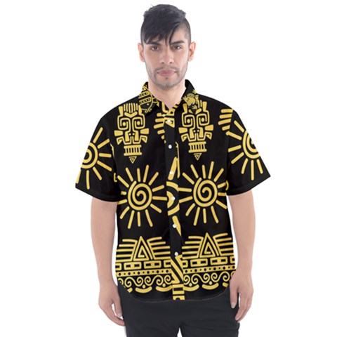 Maya Style Gold Linear Totem Icons Men s Short Sleeve Shirt by Vaneshart